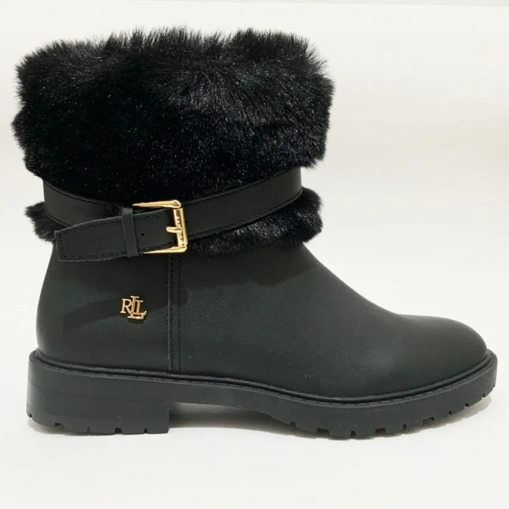 Ralph Lauren Evanston Waterproof Black Leather Winter Warm Fur Moto Boots 7